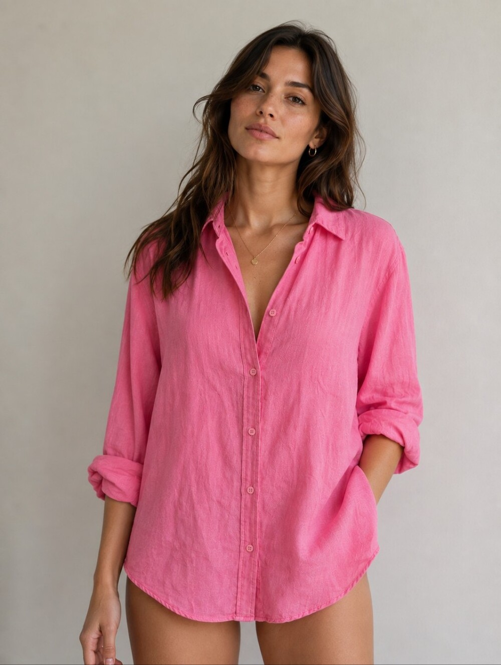 Stradivarius 100% Linen Oversized Button-Up Shirt Pink Size Small